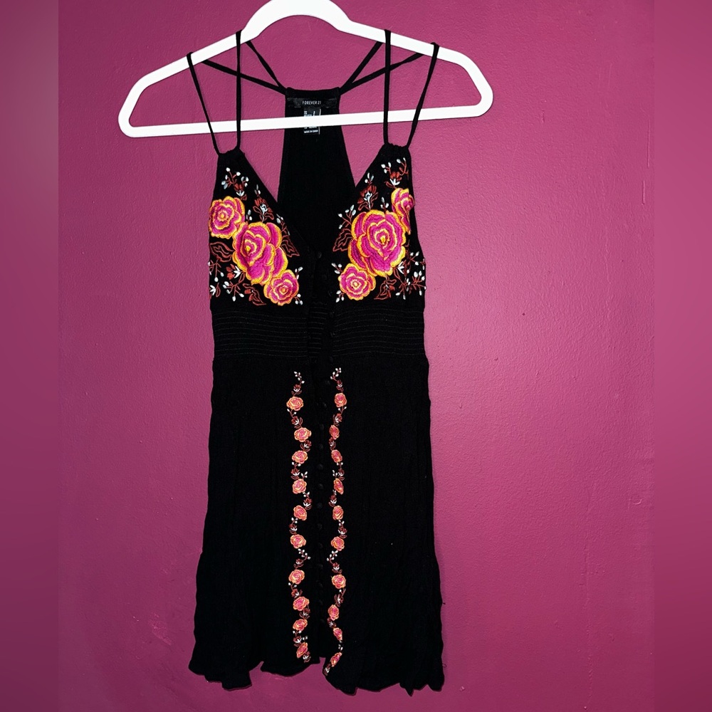 Forever 21 Black floral embroidered mini dress with adjustable straps